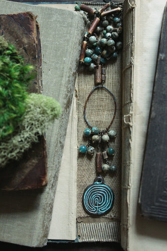 Serpens Hedge Maze. Storyteller Series. Rustic Jasper, Wood & Labyrinth Pendant Necklace.