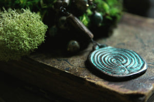 Serpens Hedge Maze. Storyteller Series. Rustic Jasper, Wood & Labyrinth Pendant Necklace.