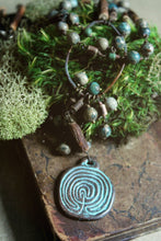 Load image into Gallery viewer, Serpens Hedge Maze. Storyteller Series. Rustic Jasper, Wood &amp; Labyrinth Pendant Necklace.