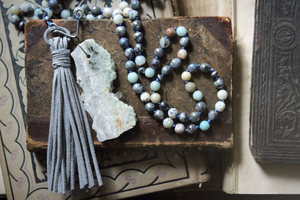 Misty Morn. Hand-knotted Gemstone & Suede Tassel Mala Necklace.