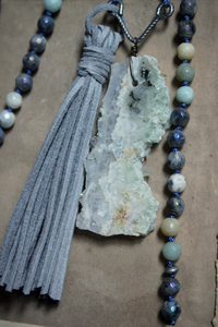 Misty Morn. Hand-knotted Gemstone & Suede Tassel Mala Necklace.