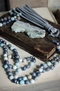 Misty Morn. Hand-knotted Gemstone & Suede Tassel Mala Necklace.