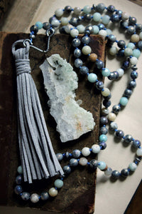 Misty Morn. Hand-knotted Gemstone & Suede Tassel Mala Necklace.