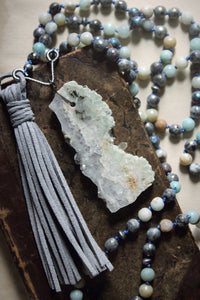 Misty Morn. Hand-knotted Gemstone & Suede Tassel Mala Necklace.