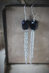 The Night Sky Collection | Comet. Blue Goldstone & Fringe Shoulder Duster Earrings.