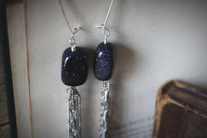 The Night Sky Collection | Comet. Blue Goldstone & Fringe Shoulder Duster Earrings.