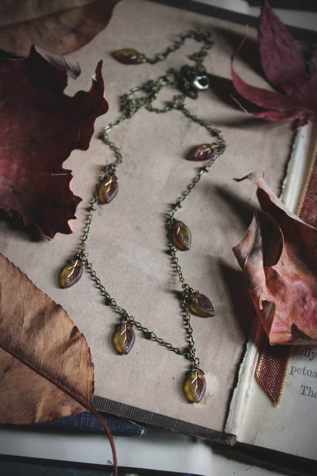 Falling Leaves. Czech Glass Leaf Charm Necklace.