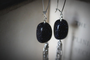 The Night Sky Collection | Comet. Blue Goldstone & Fringe Shoulder Duster Earrings.