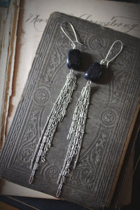 The Night Sky Collection | Comet. Blue Goldstone & Fringe Shoulder Duster Earrings.