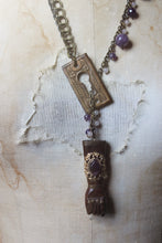 Load image into Gallery viewer, Tidings Curiosity Shoppe. Storyteller Series. Antique Escutcheon &amp; Figa Statement Necklace.