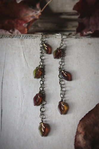 Falling Leaves. Czech Glass Asymmetrical Linear Leaf Earrings.