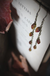 Falling Leaves. Czech Glass Asymmetrical Linear Leaf Earrings.