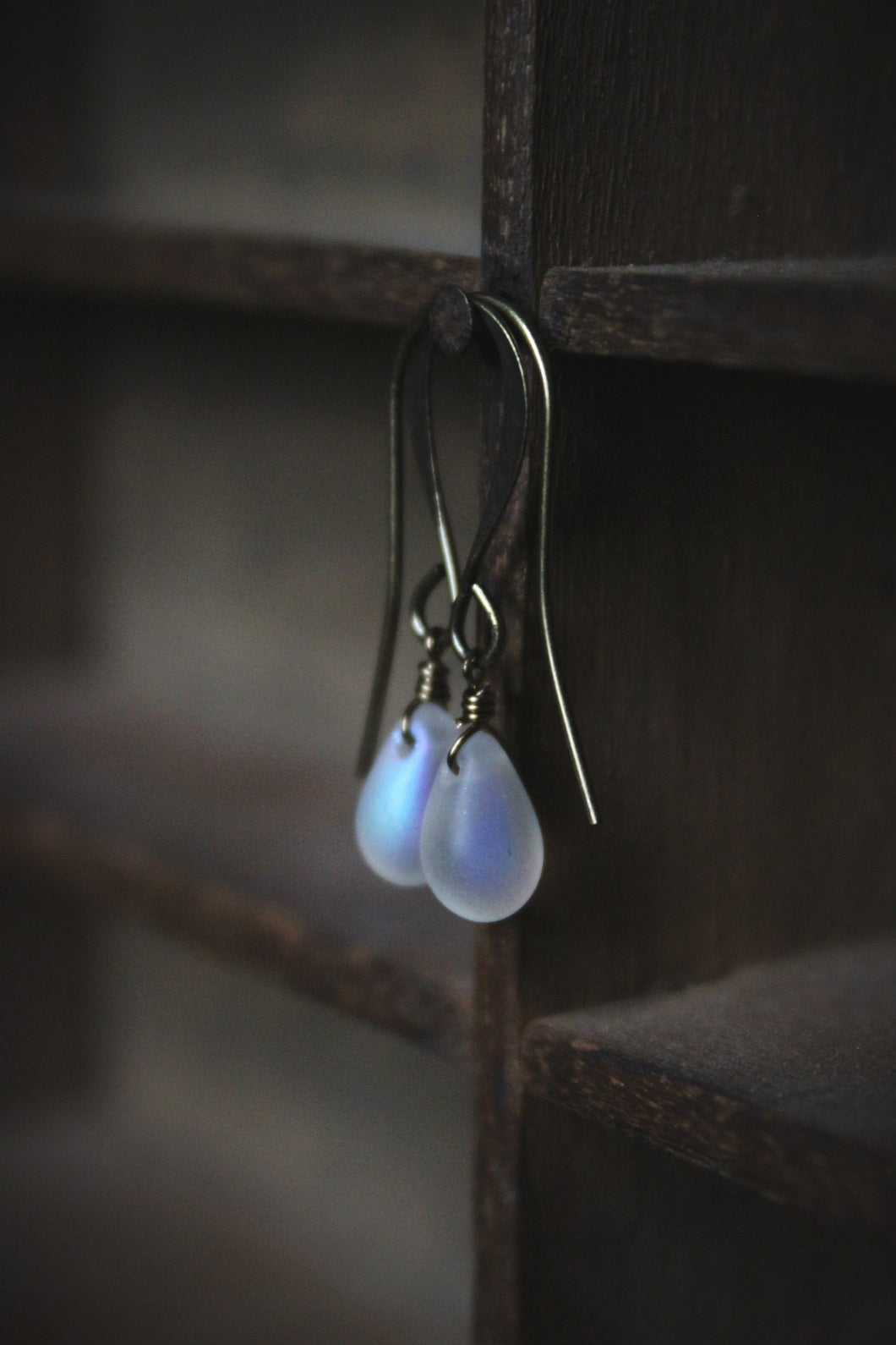 Moondrops. Frosted White Aurora Borealis Glass Drop Earrings.