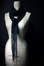 Load image into Gallery viewer, The Blacksmith's Cottage. Storyteller Series. Hand Crocheted Skinny Rustic Fringe Scarf.