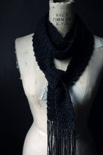 Load image into Gallery viewer, The Blacksmith's Cottage. Storyteller Series. Hand Crocheted Skinny Rustic Fringe Scarf.
