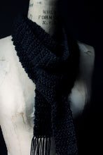 Load image into Gallery viewer, The Blacksmith's Cottage. Storyteller Series. Hand Crocheted Skinny Rustic Fringe Scarf.