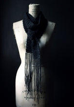 Load image into Gallery viewer, The Blacksmith's Cottage. Storyteller Series. Hand Crocheted Skinny Rustic Fringe Scarf.