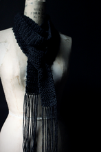 Load image into Gallery viewer, The Blacksmith's Cottage. Storyteller Series. Hand Crocheted Skinny Rustic Fringe Scarf.