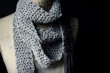 Load image into Gallery viewer, The Rain Minder. Storyteller Series. Hand Crocheted Fringed Scarf.