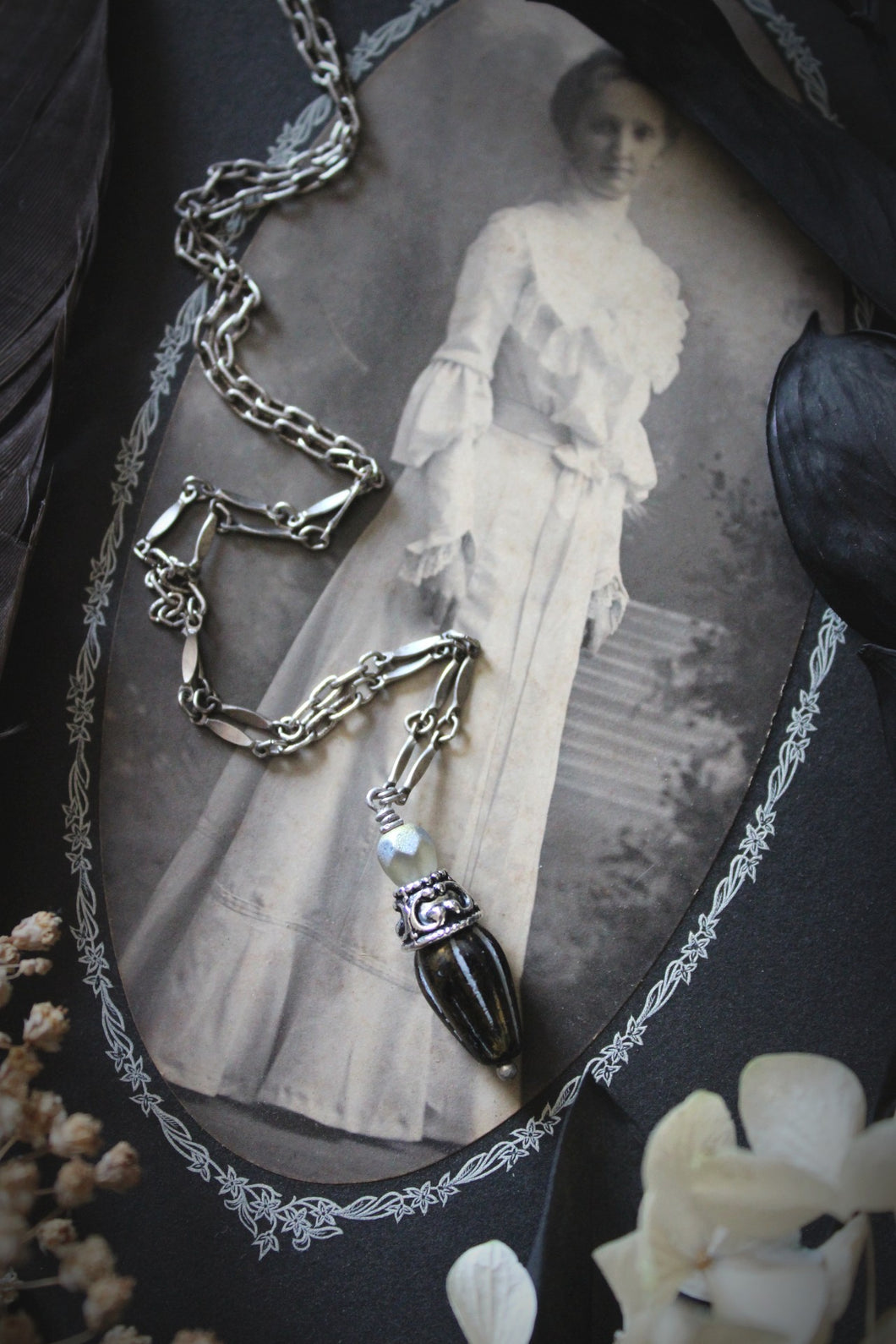 A Dark Tale | Tearcatcher, No.2. Antiqued Silver & Glass Pendant Necklace.