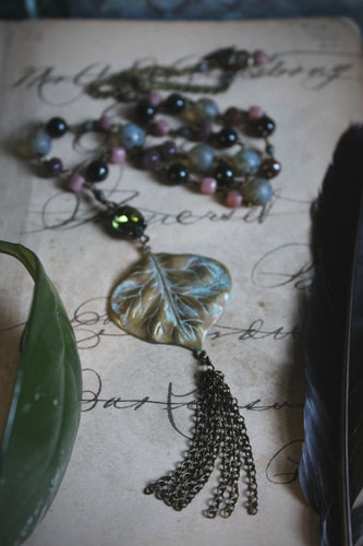 The Sacred Grove | Flourish. Beaded Antiqued Brass Tassel Necklace.