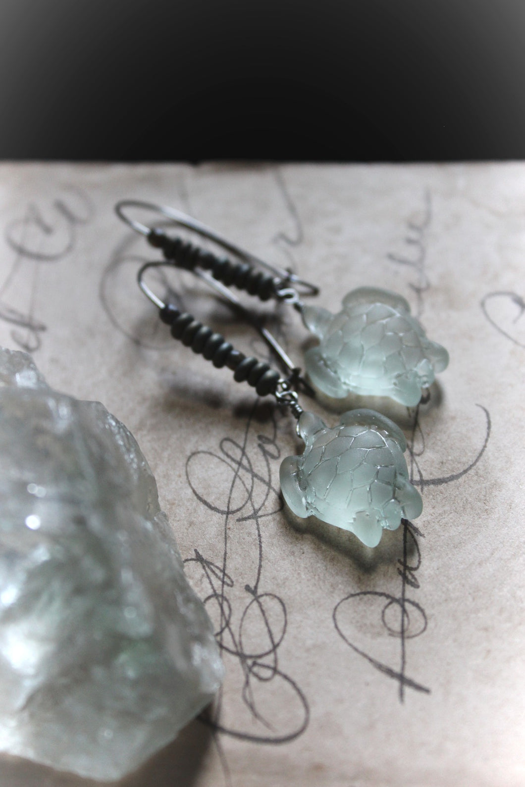 Nine Daughters  |  Green Sea. Carved Frosted Glass Earrings.