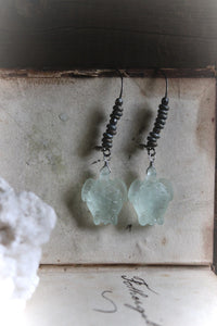 Nine Daughters  |  Green Sea. Carved Frosted Glass Earrings.