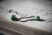 Load image into Gallery viewer, Verdigris. Delicate Glass Droplet &amp; Antiqued Copper Earrings.