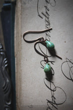 Load image into Gallery viewer, Verdigris. Delicate Glass Droplet &amp; Antiqued Copper Earrings.