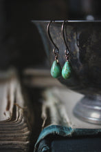 Load image into Gallery viewer, Verdigris. Delicate Glass Droplet &amp; Antiqued Copper Earrings.