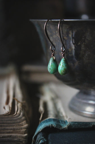 Verdigris. Delicate Glass Droplet & Antiqued Copper Earrings.