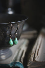 Load image into Gallery viewer, Verdigris. Delicate Glass Droplet &amp; Antiqued Copper Earrings.