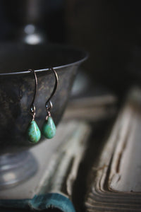 Verdigris. Delicate Glass Droplet & Antiqued Copper Earrings.