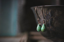 Load image into Gallery viewer, Verdigris. Delicate Glass Droplet &amp; Antiqued Copper Earrings.