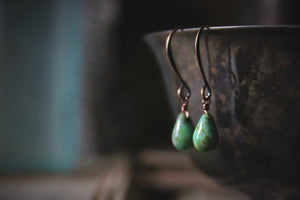 Verdigris. Delicate Glass Droplet & Antiqued Copper Earrings.