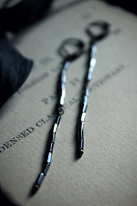 Branchlet | Starlit. Rustic Metallic Hematite Pewter Tube Bead Linear Earrings.