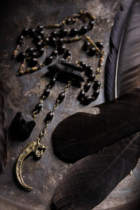 The Harpy. Storyteller Series. Antiqued Brass Cast Talon, Wood Bead & Gemstone Necklace.