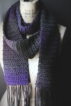 Load image into Gallery viewer, Moss &amp; Moth Wings | Black Witch Moth. Hand Crocheted Fringe Scarf.