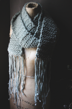 Load image into Gallery viewer, Moss &amp; Moth Wings | Lichen. Hand Crocheted Fringe Scarf.