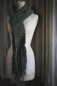 Moss & Moth Wings | Moss. Hand Crocheted Fringe Scarf.