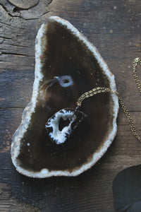 Delve. Modern 14k Gold Geode Crystal Drusy Slice Pendant & Sterling Necklace.