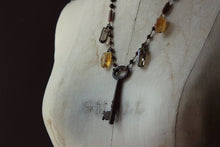 Load image into Gallery viewer, The Return to Ravenbough. Storyteller Series. Rustic Skeleton Key &amp; Hand-beaded Gemstone Necklace.