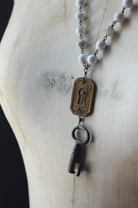 The Lighthouse Keeper. Storyteller Series. Antique Escutcheon, Skeleton Key, Wood & Agate Beaded Necklace.