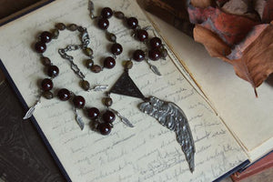 Phoenix. Rustic Antiqued Silver Wing, Czech Glass & Fossil Stone Necklace.