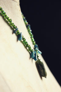 Laguz. Hand-strung Vesuvianite, Apatite, Wood and Glass Beaded Necklace.