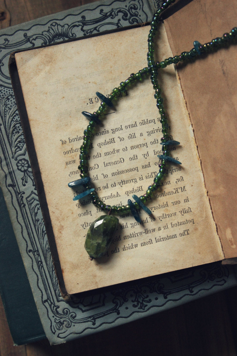 Laguz. Hand-strung Vesuvianite, Apatite, Wood and Glass Beaded Necklace.