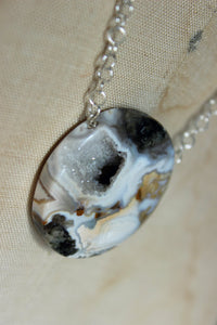 Grotto. Sterling Silver and Drusy Quartz Disc Pendant Necklace.