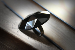 Nocturne. Vintage Faceted Glass Cabochon Statement Ring.