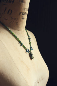 Laguz. Hand-strung Vesuvianite, Apatite, Wood and Glass Beaded Necklace.