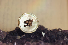 Load image into Gallery viewer, Wolf Mother. Vintage Mother of Pearl Shell Button &amp; Brass Wolf Head Ring.